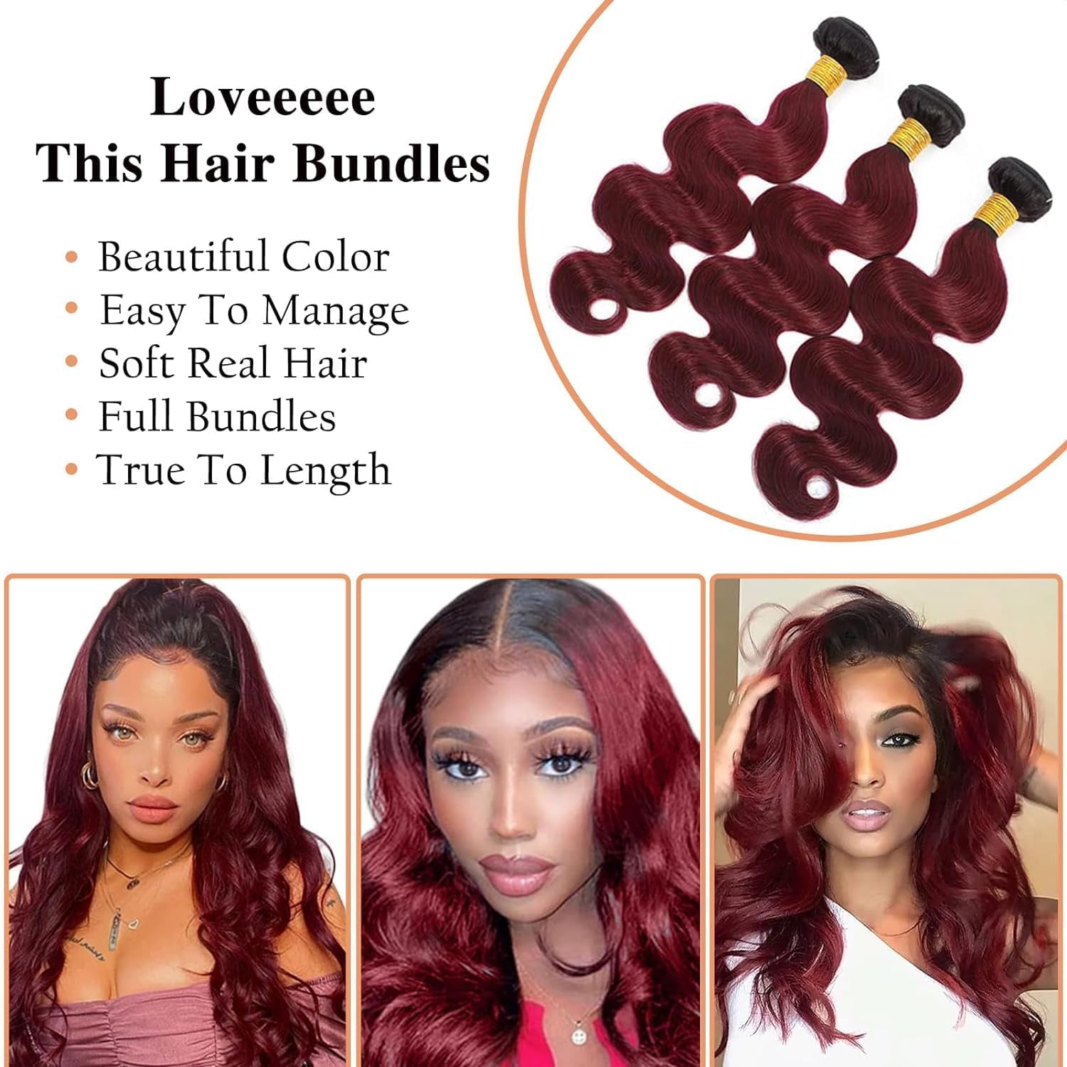 Body Wave Bundles Human Hair 1B/99J Ombre Human Hair Bundles 3 Bundles Human Hair Body Wave Brazilian Virgin Hair Bundles Deals Body Wave Human Hair Extensions(1B/99J-Bb-26 28 30Inch)