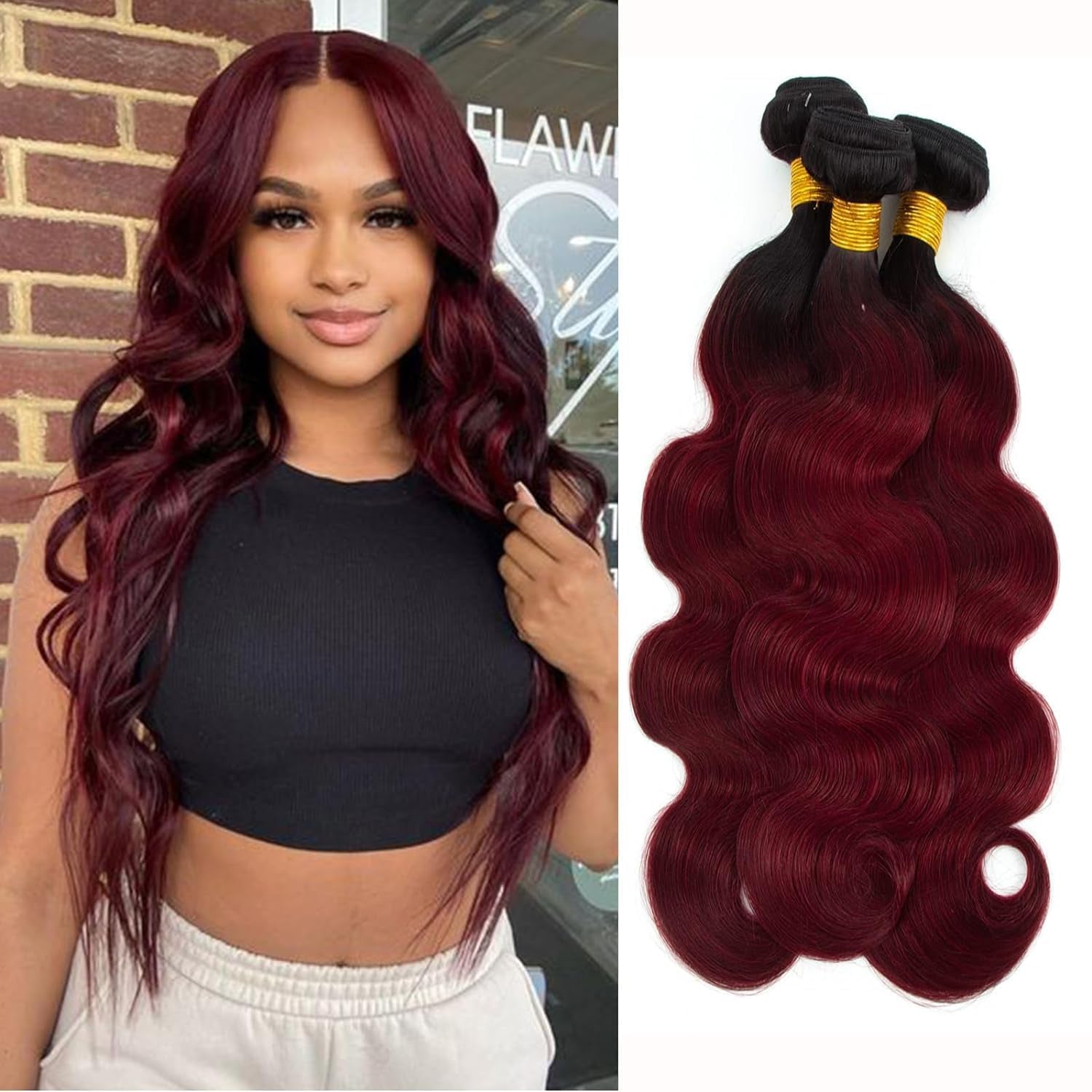 Body Wave Bundles Human Hair 1B/99J Ombre Human Hair Bundles 3 Bundles Human Hair Body Wave Brazilian Virgin Hair Bundles Deals Body Wave Human Hair Extensions(1B/99J-Bb-26 28 30Inch)