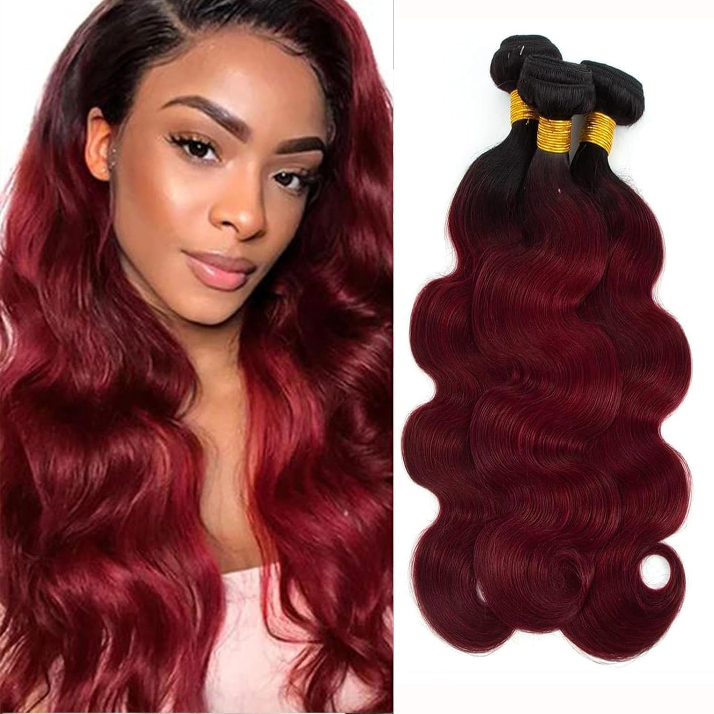 Body Wave Bundles Human Hair 1B/99J Ombre Human Hair Bundles 3 Bundles Human Hair Body Wave Brazilian Virgin Hair Bundles Deals Body Wave Human Hair Extensions(1B/99J-Bb-26 28 30Inch)