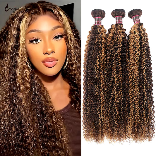 4/27 Kinky Curly Hair Bundles Highlight Human Hair Bundles Brazilian Hair Weave Bundles 1/3/4 PCS Remy Hair Extensions for Women