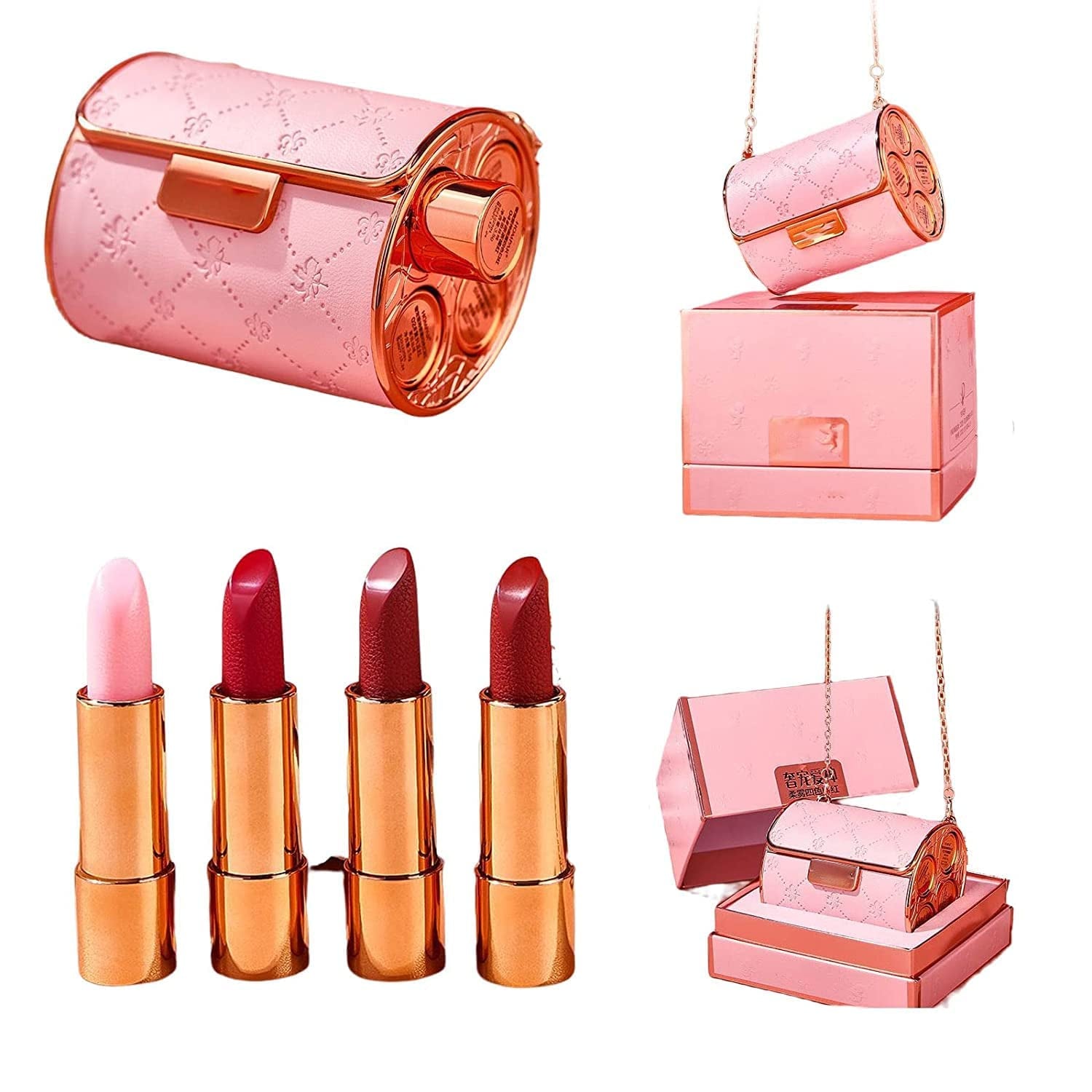 Matte Lipstick Set with Chain Bag,4 Colors Velvet Matte Lipstick Set Comes with an Elegant Leather Chain Bag,Velvet Matte Lipstick Set with Glamour Chain Pouch,Leather Bag Lipstick Set