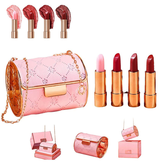 Matte Lipstick Set with Chain Bag,4 Colors Velvet Matte Lipstick Set Comes with an Elegant Leather Chain Bag,Velvet Matte Lipstick Set with Glamour Chain Pouch,Leather Bag Lipstick Set