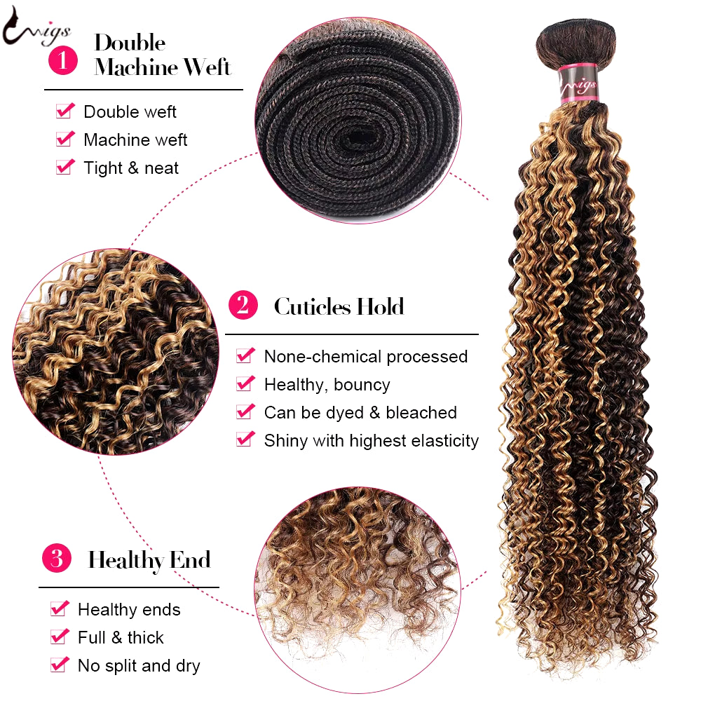 4/27 Kinky Curly Hair Bundles Highlight Human Hair Bundles Brazilian Hair Weave Bundles 1/3/4 PCS Remy Hair Extensions for Women