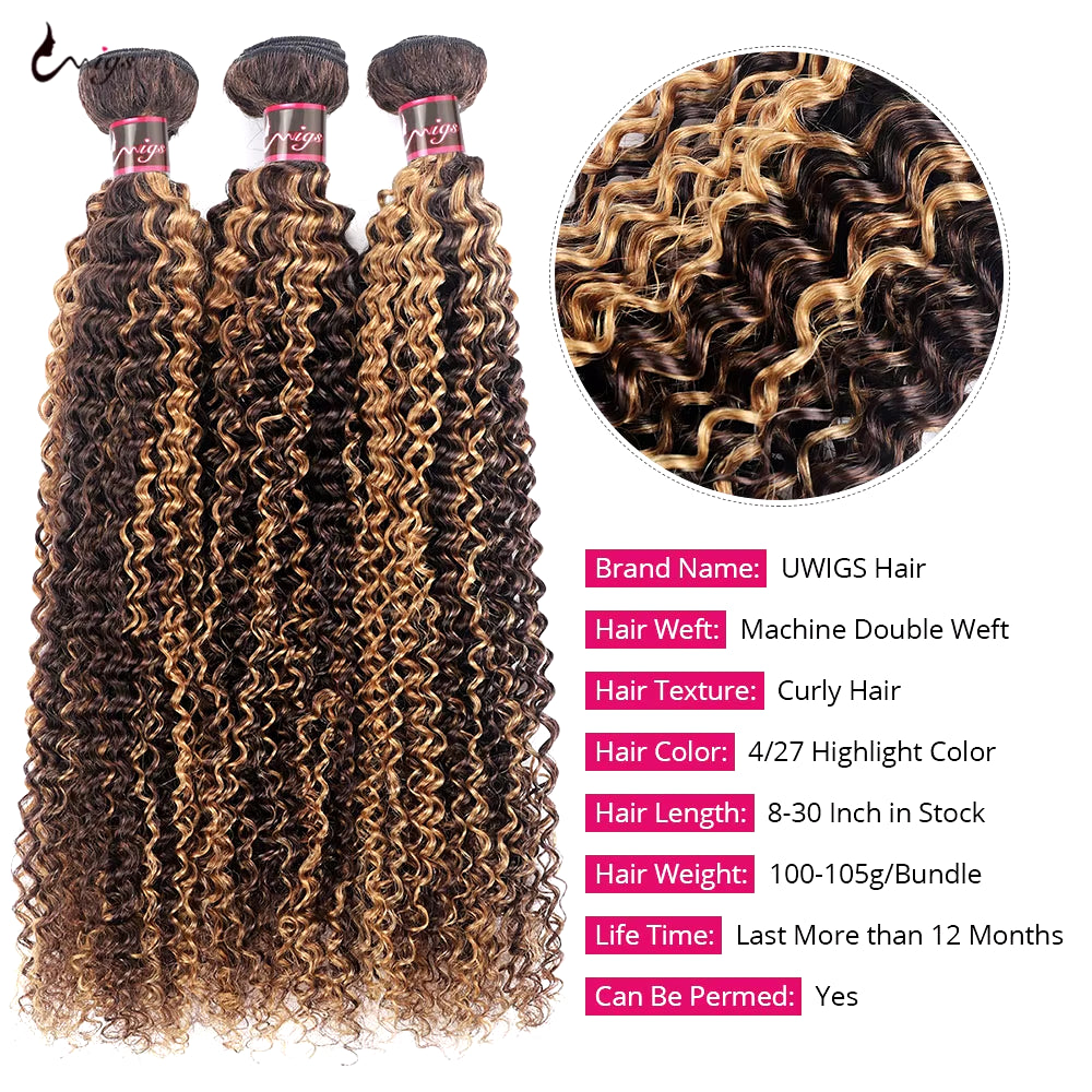 4/27 Kinky Curly Hair Bundles Highlight Human Hair Bundles Brazilian Hair Weave Bundles 1/3/4 PCS Remy Hair Extensions for Women