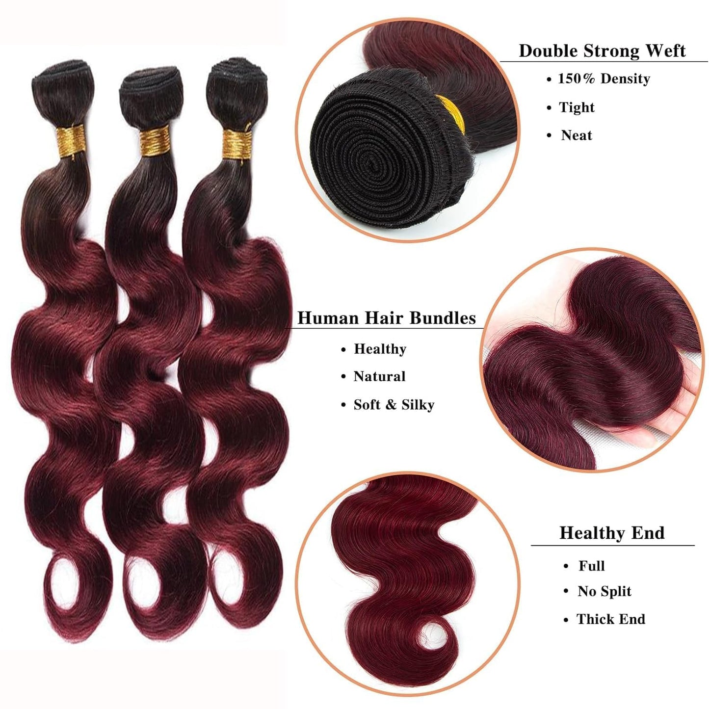 Body Wave Bundles Human Hair 1B/99J Ombre Human Hair Bundles 3 Bundles Human Hair Body Wave Brazilian Virgin Hair Bundles Deals Body Wave Human Hair Extensions(1B/99J-Bb-26 28 30Inch)