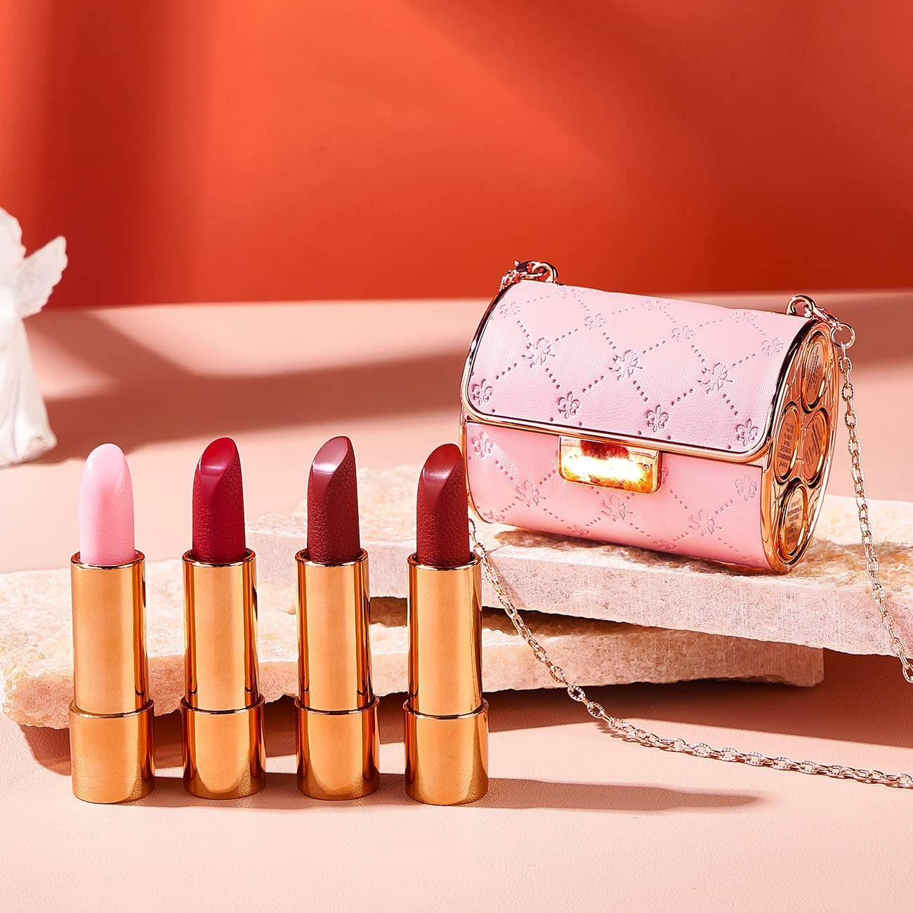 Matte Lipstick Set with Chain Bag,4 Colors Velvet Matte Lipstick Set Comes with an Elegant Leather Chain Bag,Velvet Matte Lipstick Set with Glamour Chain Pouch,Leather Bag Lipstick Set