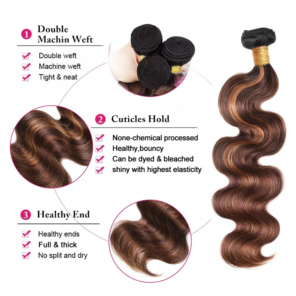 22 24 26 Inch Dark Brown Bundles Human Hair #4 Body Wave Bundles Highlight Human Hair Bundles Ombre Body Wave Bundles Three Tone Chocolate Brown Bundles